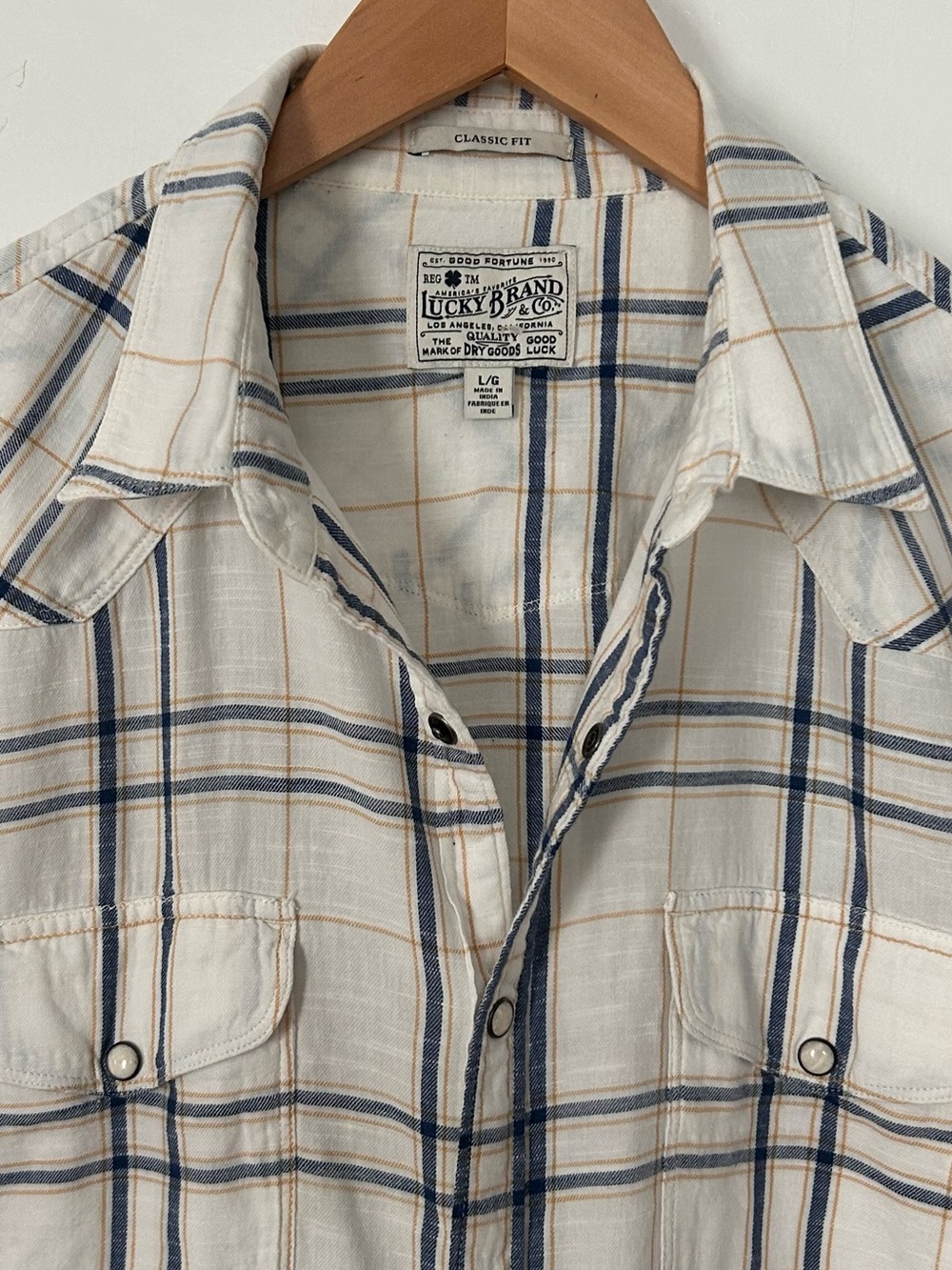 Lucky Brand Mens Size L Classic Fit Short Sleeve Pearl Snap Button Down Shirt